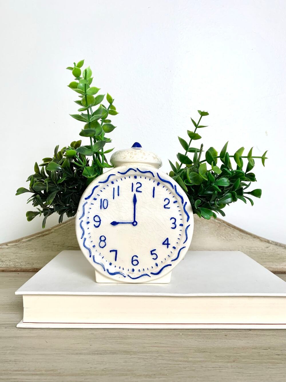Vintage Ceramic Clock Vase Wall Pocket Planter Blue White Crazing Cottagecore